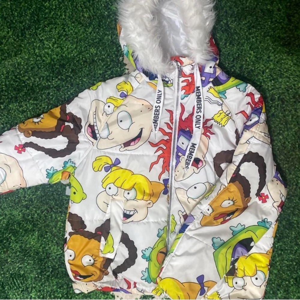 Members Only Cartoon Print Jacket with White Fur Hood